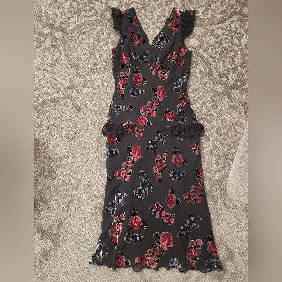 Anna Sui Lace-trimmed Floral-print Devoré-chiffon Midi Dress In Black - Picture 1 of 6